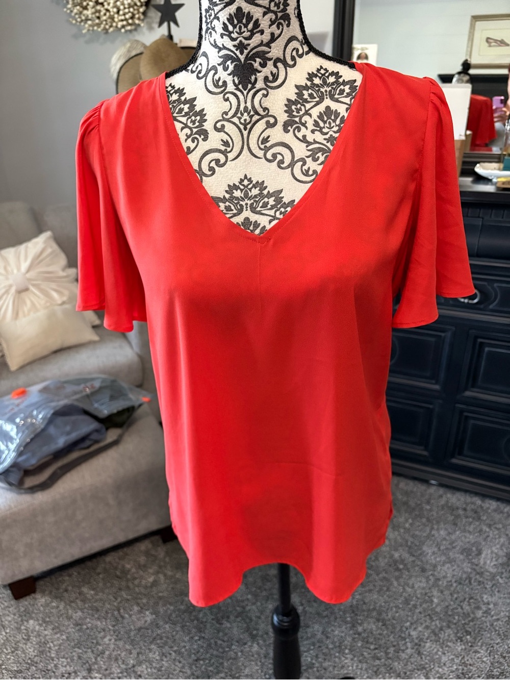 Red V-Neck Flutter Sleeve Women's Top -